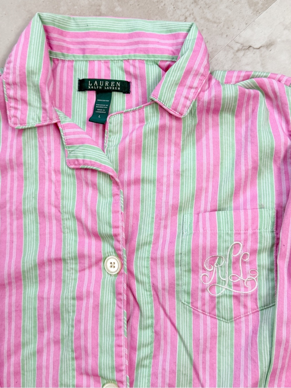 Lauren Ralph Lauren Pink Green Stripe Sleep Shirt Cover Up Large Resort Vacation - Picture 3 of 7